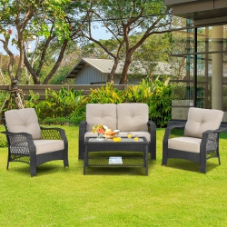 COSTWAY 4PCs Patio Wicker Furniture Set Loveseat Sofa Coffee Table W/ Cushion