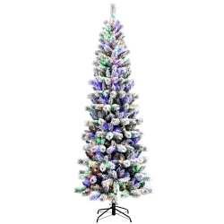COSTWAY 8Ft Pre-Lit Hinged Christmas Tree Snow Flocked W/ 9 Modes Remote Control Lights