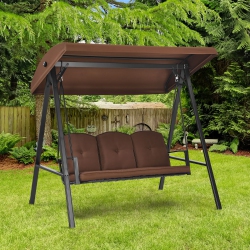 COSTWAY Outdoor 3-Seat Porch Swing With Adjust Canopy And Cushions In Brown