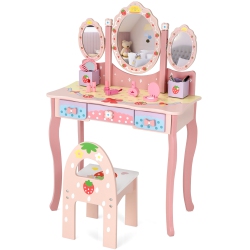 COSTWAY Kids Vanity Princess Makeup Dressing Table Chair Set W/ Tri-Fold Mirror In Pink