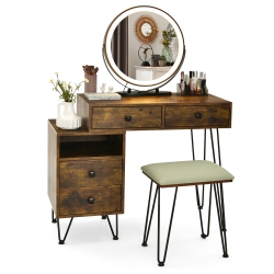 COSTWAY Vanity Table Stool Set Dimmer Led Mirror Large Storage Cabinet Drawer