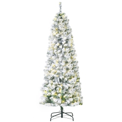 HOMCOM 6Ft Prelit Artificial Pencil Christmas Tree, Snow Flocked Slim Xmas Tree With Warm White Led Lights - In Green