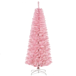 HOMCOM 6Ft Artificial Christmas Tree Holiday Xmas Holiday Pencil Tree Decoration With Automatic Open for Home Party In Pink
