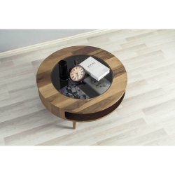 C-DECOR Moon Round Middle Coffee Table With High Shelf Wooden And Glass Inlay - Dark Walnut, 33 Inch