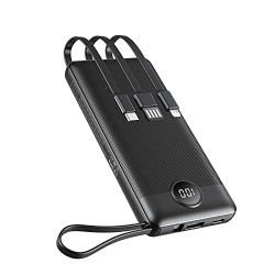VEEKTOMX Portable Charger With Built-In Cables, Power Bank 10000Mah Ultra Slim, USB C Power Bank With 2 Inputs And 4 Outputs