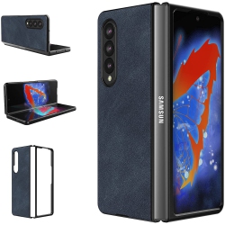 CSMART 【】 Slim Fitted Shockproof Hard PC Shell Leather Flip Case Cover for Samsung Galaxy Z Fold 3 5G In Navy