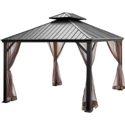 COSTWAY 12Ft X 10Ft Hardtop Gazebo 2-Tier Outdoor Galvanized Steel Canopy