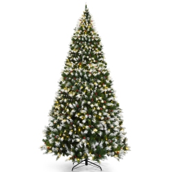 COSTWAY 9Ft Pre-Lit Snowy Christmas Tree 2058 Tips W/ Pine Cones & Berries With 8 Lighting Modes In Red