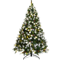 COSTWAY 6Ft Pre-Lit Snowy Christmas Tree 818 Tips W/ Pine Cones & Berries With 8 Lighting Modes In Red