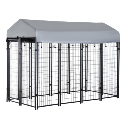PAWHUT 8' X 4' X 6' Dog Run Outdoor, Large Outdoor Dog Kennel Welded Wire Steel Fence With Uv-Resistant & Waterproof Cover, Secure Lock In Silver