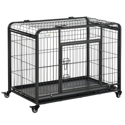 PAWHUT Folding Heavy Duty Dog Crate Heavy Duty Cage for Medium Sized Dogs With Double Doors, Lockable Wheels Tray, 37" X 23" X 27