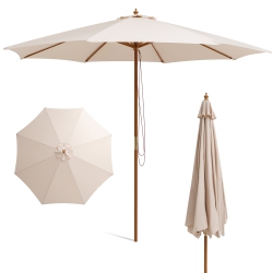 COSTWAY 10Ft Patio Wooden Market Table Umbrella Pulley W/8 Bamboo Ribs Sunshade Canopy