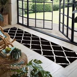 JV HOME Diamond Trellis Shag Collection Soft | Plush | High Pile Runner Rug for Hallway, Kitchen 2'7" X 9' Black / In White
