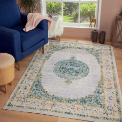 JV HOME Persian Collection Vintage | Bohemian | Distressed Area Rug for Entyway, Hallway 8' X 10' (240 Cm X 300 Cm) Grey / Blue / In Yellow