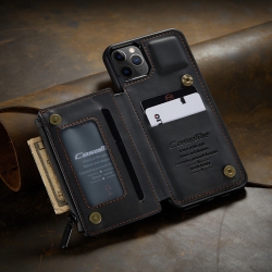 CASEME Leather Zipper Wallet Card Slot Double Magnetic Clasp Shockproof Back Case Cover for Iphone 13 -Black