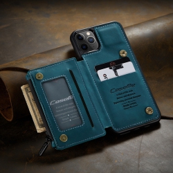 CASEME Leather Zipper Wallet Card Slot Double Magnetic Clasp Shockproof Back Case Cover for Iphone 13 -Blue