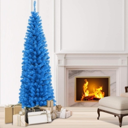 TOPBUY 6Ft Tinsel Artificial Pencil Christmas Tree W/ Sturdy Metal Stand Seasonal Holiday Decoration for Home, Party In Blue