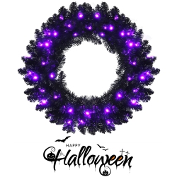 GYMAX 24" Pre-Lit Halloween Wreath Christmas Wreath W/ Purple Led Lights In Black