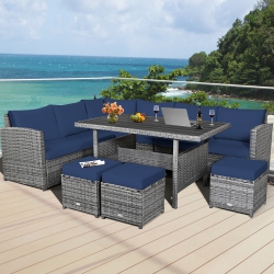 GYMAX 7PCs Rattan Patio Sectional Sofa Set Conversation Set W/ Cushions In Navy
