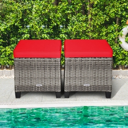 GYMAX Set Of 2 Rattan Patio Ottoman Footrest Wicker Footstool W/ Cushions In Red
