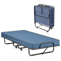 GYMAX Folding Bed With Mattress Portable Rollaway Guest Cot Memory Foam Made In Italy In Navy
