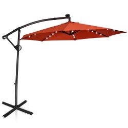 TOPBUY Aluminum Patio Hanging Umbrella Solar Powered Offset Umbrella With Cross Base & Pole