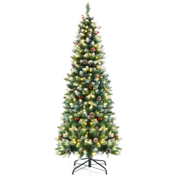 GYMAX 6 Ft Pre-Lit Hinged Christmas Tree Artificial Pencil Xmas Tree W/ Led Lights