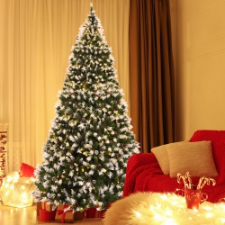 GYMAX 9 Ft Pre-Lit Snow Sprayed Christmas Tree Artificial Xmas Tree W/ 8 Lighting Modes