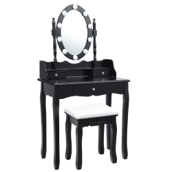 TOPBUY Mirrored Vanity Table Set Lighted Makeup Dresser W/ Drawers In Black