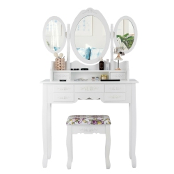 TOPBUY Tri-Folding Mirror Vanity Makeup Set Dressing Table & Stool Unit W/ 7 Drawer In White