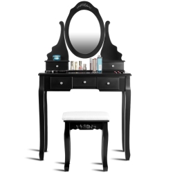 TOPBUY Oval Vanity Mirror Dressing Table Beauty Dresser W/ Cushioned Bench In Black