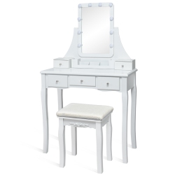 TOPBUY Led Vanity Table Makeup Dresser Desk W/ Drawers & Cushioned Stool In White