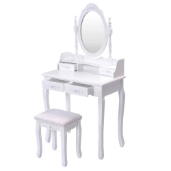 TOPBUY Oval Mirror 4 Drawer Vanity Mirror Makeup Table W/ Cushioned Stool In White