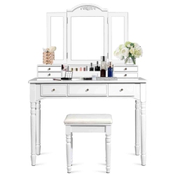 TOPBUY Vanity Makeup Dressing Table Set W/ Drawer Mirror Necklace Hook In White