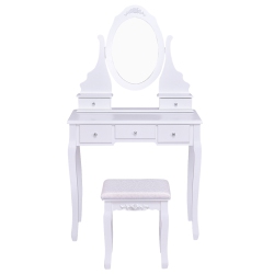 TOPBUY Oval Vanity Mirror Dressing Table Beauty Dresser W/ Cushioned Bench In White