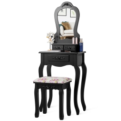 TOPBUY Vanity Mirror Dressing Table Simple Style Beauty Dresser W/ Cushioned Bench In Black