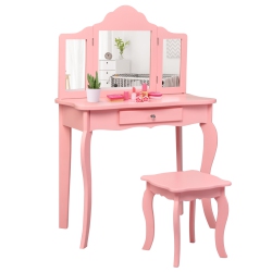 TOPBUY Wooden Vanity Table With Triple Folding Mirror & Stool for Kids In Pink