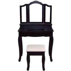 TOPBUY Vanity Table Makeup Mirror Wood Desk Dressing Set W/ Stool 4 Drawer In Black