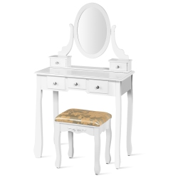 TOPBUY Vanity Table Set W/ 360° Rotating Oval Mirror & Drawers In White