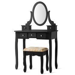 TOPBUY Vanity Table Set W/ 360° Rotating Oval Mirror & Drawers In Black