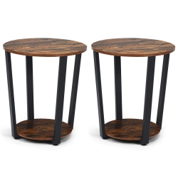 TOPBUY 2 PCs 2-Tier Industrial Round End Table Metal Sofa Side Table With Storage Shelf