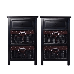 TOPBUY 2 PCs 3-Tier Bed Side Wood Table Storage Units End Table Organizer W/2 Rattan Drawers