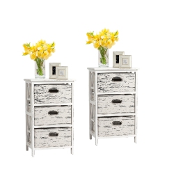 TOPBUY 3-Drawer Fabric Vintage End Table Wood Nightstand Set Of 2
