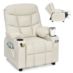 COSTWAY Kids Youth Recliner Chair Pu Leather W/cup Holders & Side Pockets