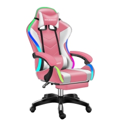 WINGOMART Ergonomic High-Back Pu Faux Leather Gaming Chair With RGB Led Light, Lumbar Massage & Footrest High Back Adjustable Swivel - In Pink