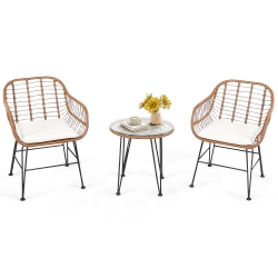 TOPBUY 3 PCs Patio Rattan Furniture Set With Round Tempered Glass Top Table & 2 Rattan Armchairs White/turquoise/red