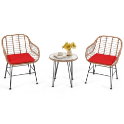 TOPBUY 3 PCs Patio Rattan Furniture Set With Round Tempered Glass Top Table & 2 Rattan Armchairs White/turquoise/red