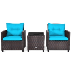 TOPBUY Patiojoy 3PCs Wicker Cushioned Conversation Set Outdoor Rattan Furniture W/turquoise Cushions