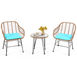 TOPBUY 3 PCs Patio Rattan Furniture Set With Round Tempered Glass Top Table & 2 Rattan Armchairs White/turquoise/red