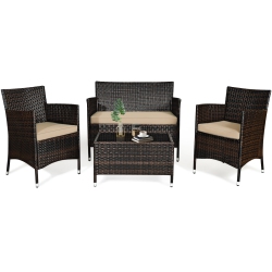 TOPBUY 4-Piece Patio Rattan Wicker Furniture Set Sofa Chair Table Set W/ Mix Cushions In Brown